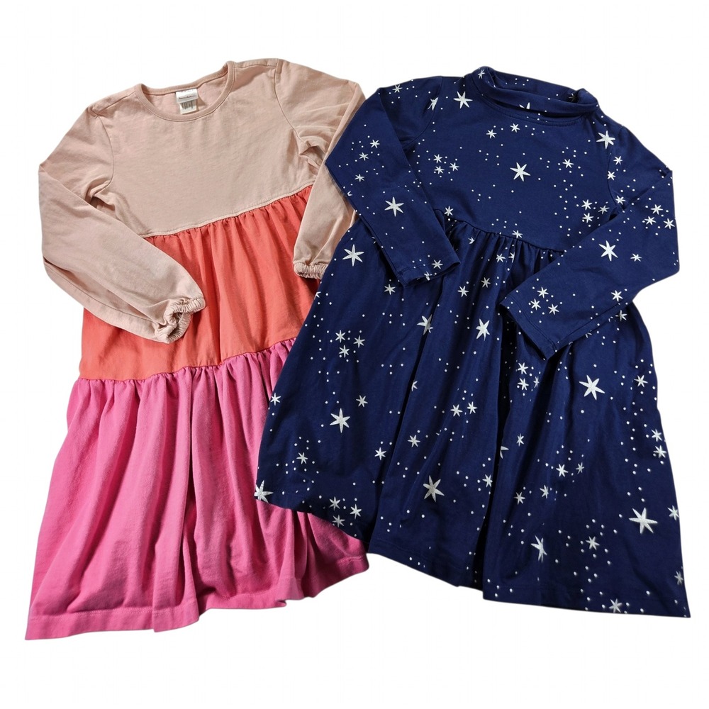 Hanna Andersson Girls Size 6-7 120cm Dress Lot Navy Star Pink Tiered 2pc Bundle